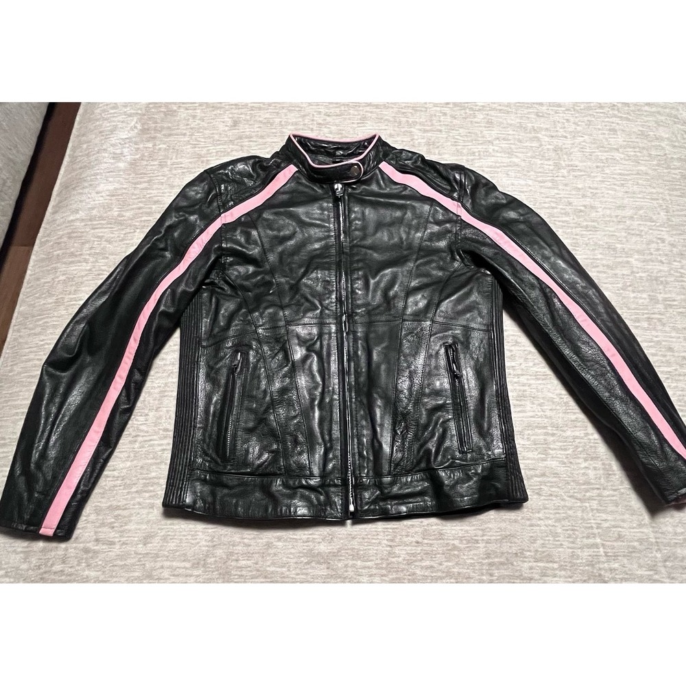 UNIK Premium Women's Black Leather Motorcycle Jacket Pink‎ Stripes Wings Heart
